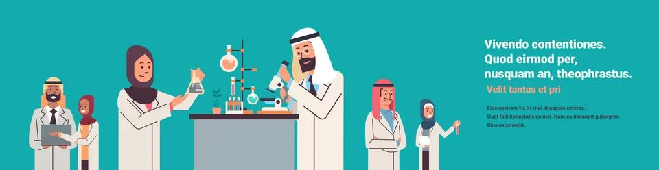Group arabic scientists working with microscope laboratory doing research arab Illustrazione stock