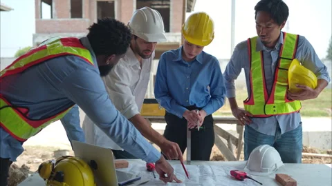 Group of architects and engineers work together to assess the residential home Video stock 308910062