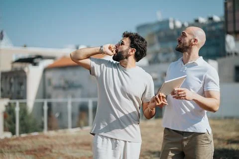 A group of architects collaborating on a construction site, analyzing blueprints Stock Photos