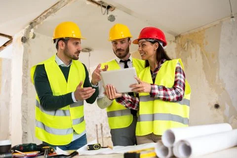 Group of architects consult about the project on construction site Stock Photos