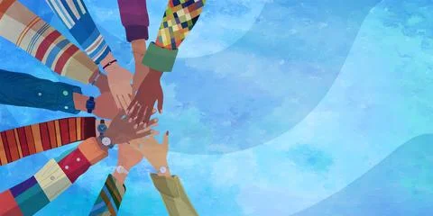 Group of arms and hands in a circle of multiethnic diverse people. Teamwork Illustrazione stock
