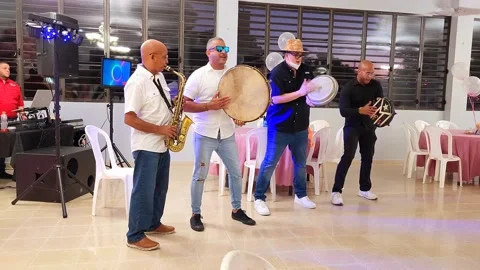 Group of Artists Playing Bomba y Plena Instruments at Event Stock Footage 237399061