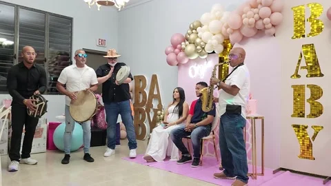 Group of Artists Playing instruments inside Baby Shower Ceremony Event Activity Stock Footage 224192139