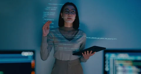 Group Asia female software developer mentor leader manager talk strat prompt AI. Stock Footage 312201796