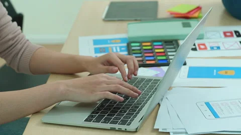 Group of asian creative team programing using computer while designers Stockbeeldmateriaal 244295445