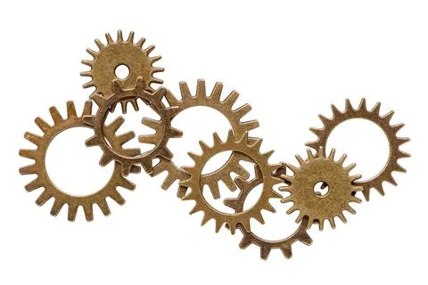 Group of assorted bronze cogwheels Stock Photos