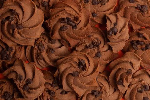 Group of assorted dark chocolate chip cookies. Top view. Stock Photos