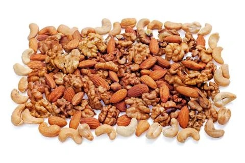 Group of assorted nuts isolated on white background Stock Photos