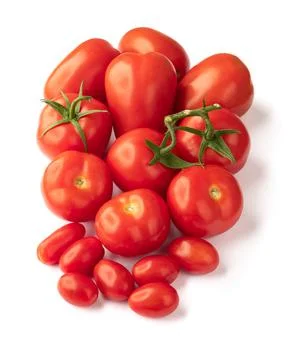 A group of assorted tomatoes isolated over white background Stock Photos