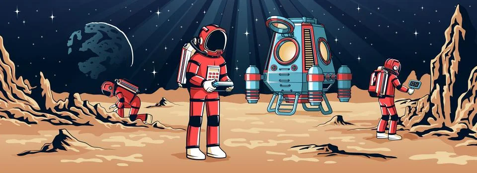 Group of astronauts exploring rocky alien terrain Stock-Illustration