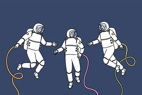 Group of astronauts participating in space research mission floats in zero Stock Illustration