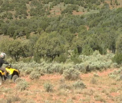 A group of ATVs ride by camera and into distance Stock Footage 21634634