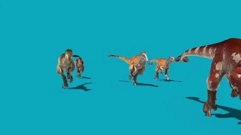 Group of Austroraptors Runs Blue Screen Front Dinosaurs 3D Rendering Animati Stock Footage 148829522