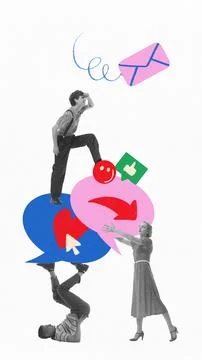 Group balancing oversized chat icons, speech bubbles and messages, illustrating Stock Photos