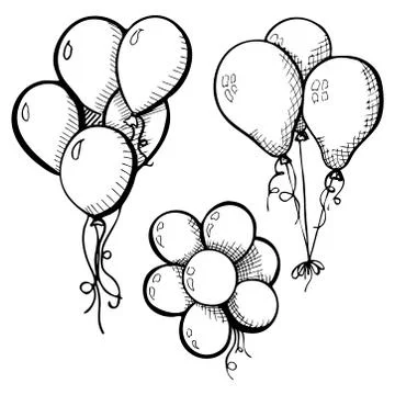 Group of balloons on a string. Hand drawn, isolated on a white background. Stock Illustration