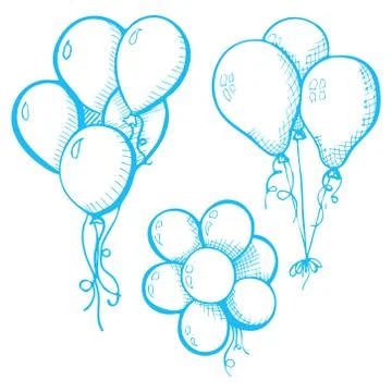 Group of balloons on a string. Hand drawn, isolated on a white background. Stock Illustration