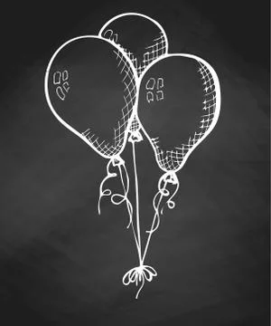 Group of balloons on a string. Hand drawn chalk on a chalkboard. Stock Illustration