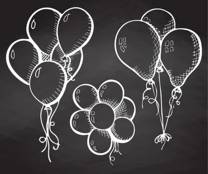 Group of balloons on a string. Hand drawn chalk on the board. Stock Illustration