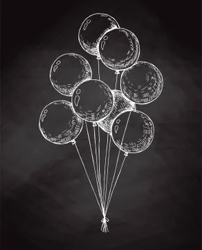 Group of balloons on a string. Hand drawn chalk on the board. Stock Illustration
