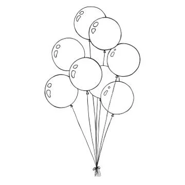 Group of balloons on a string. Hand drawn, isolated on a white background. Stock Illustration