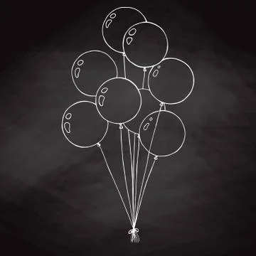 Group of balloons on a string. Hand drawn chalk on the board. Stock Illustration