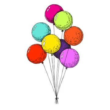 Group of balloons on a string. Hand drawn, isolated on a white background. Stock Illustration