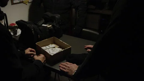 Group of bank robbers stealing box money cash grabbing grab dollar bills Stock Footage 166248340