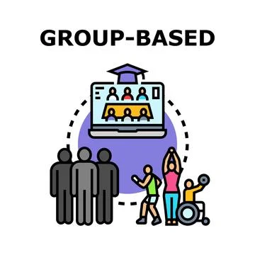 Group based activities spanning online learning and inclusive fitness Ilustración de archivo