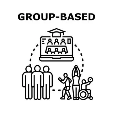 Group based activities spanning online learning and inclusive fitness Stock Illustration