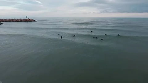 Group of Beginners Surfers Waiting for Waves in Valencia, Spain. Video stock 150800547