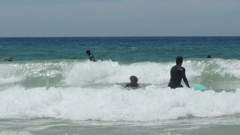Group of beginning surfers in wetsuits at Tarifa shore Stock-Footage 79920039