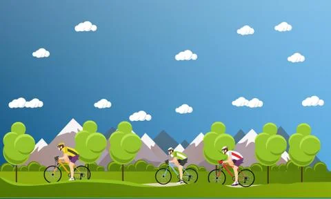 Group of bicycle riders on bikes in mountains and park. Biking sport concept Stock Illustration