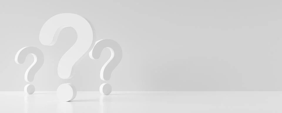 Group of big and small white question mark signs on white room background wit Stock Illustration