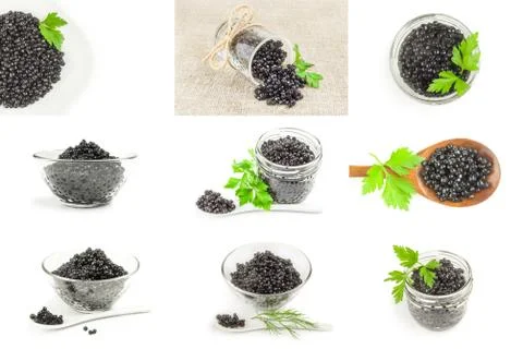Group of black caviar on a white background Foto stock
