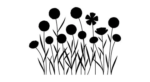 A group of black flowers and grass on a white background Stock Illustration
