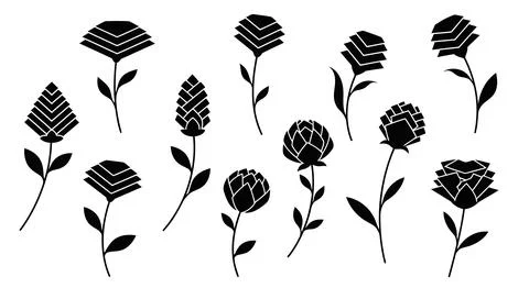 A group of black flowers with different patterns Stock Illustration