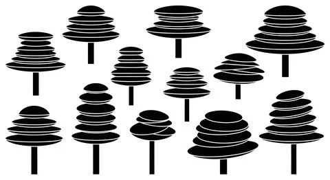 A group of black pine trees on white background Stock Illustration