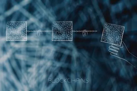 Group of block chains and hand about to add extra block to it 스톡 일러스트