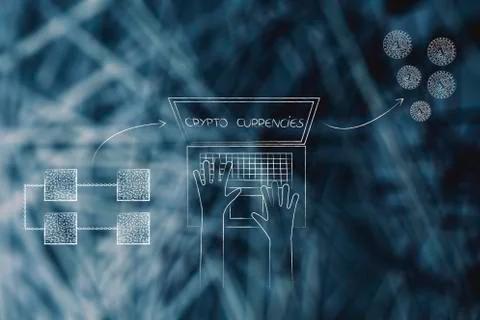 Group of blockchain being processed by laptop into crypto coins Stock Illustration