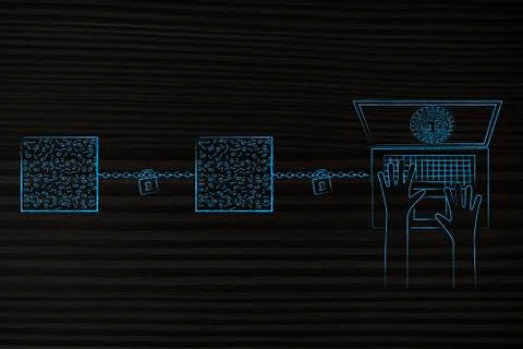 Group of blockchain connected to laptop with crypto coins on the screen Stock Illustration