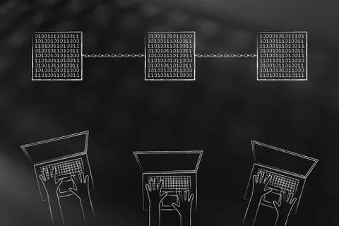 Group of blockchains and miner laptops below them Illustrazione stock