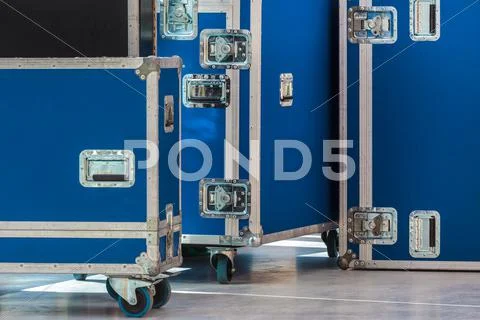 Group of blue flight cases Stock Photos