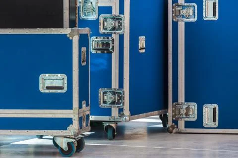 Group of blue flight cases Stock Photos