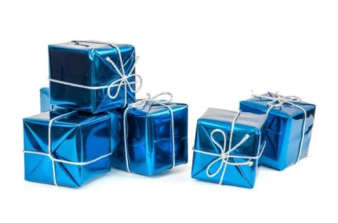 Group of blue gift boxes with silver ribbons Stock Photos