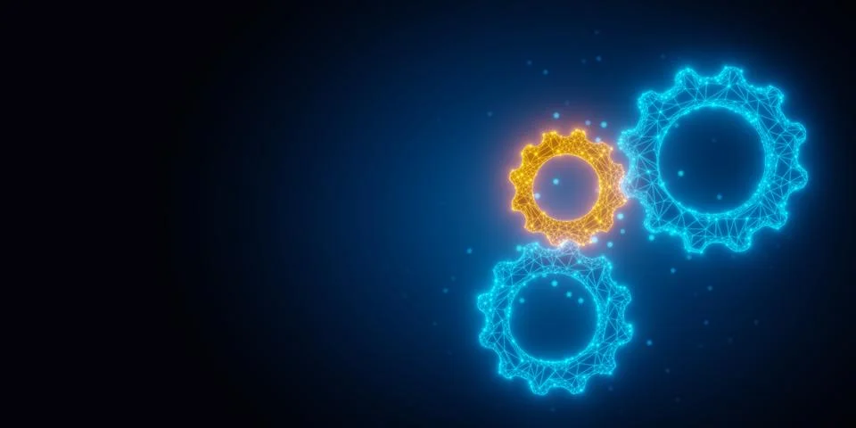 Group of blue glowing low-poly wireframe gears or cogwheels with one orange.. Stock Illustration