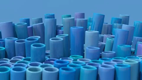 Group of blue tubes. Blue background, close-up. 3d render. Illustrazione stock