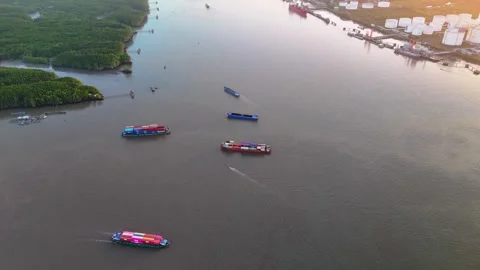 Group of boats are floating on a river Stock Footage 325203500
