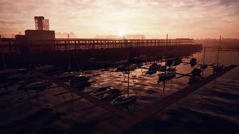 Group of Boats in Harbor at Sunset Stock Illustration