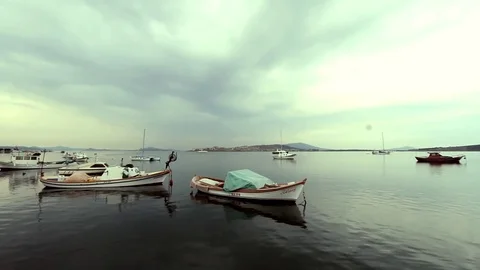 Group Of Boats On The Quiet Water Stock Footage 82964113