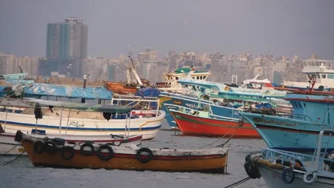 A Group of Boats on the Water and Distant City Buildings Stock Footage 243077170